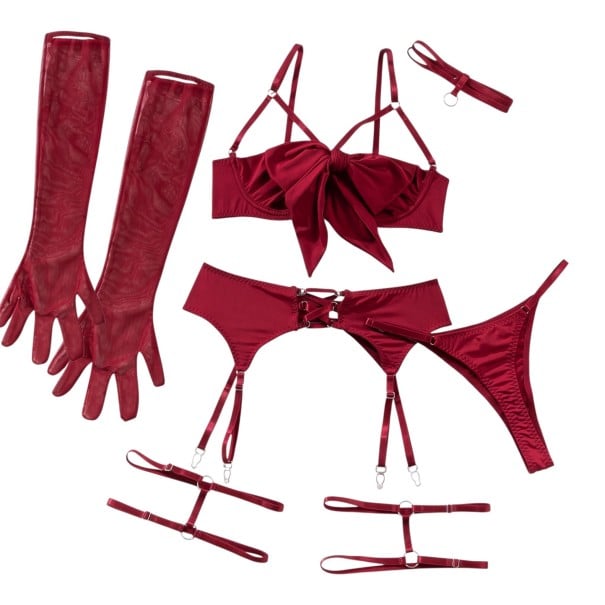 Lingerie sexy com grande laço e cinto de ligas com cordão e tanga complementada com ligas para as coxas e luvas longas borgonha M