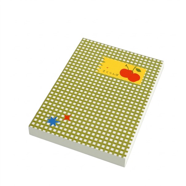 Linienloses Heft mit 96 leeren Seiten und einem Umschlag im Karomuster sowie einem Etikett mit Bild als Skizzenbuch und Notizbuch für Ideen grün