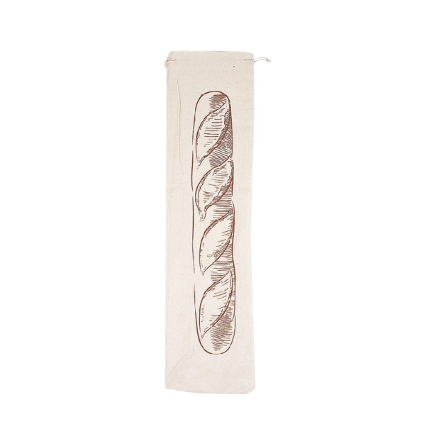 Linned brødpose med snørelukning 16x64 cm beige med tryk af baguette tekstilindpakning til brød til hjemmeopbevaring 1