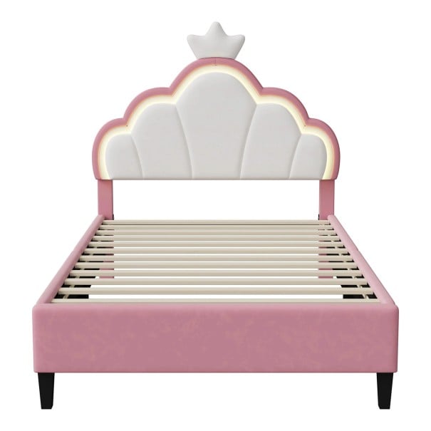 Lit enfant 90 x 200 cm Design princesse avec couronne Éclairage LED RGB Tête de lit réglable Sommier à lattes Rose et blanc 1