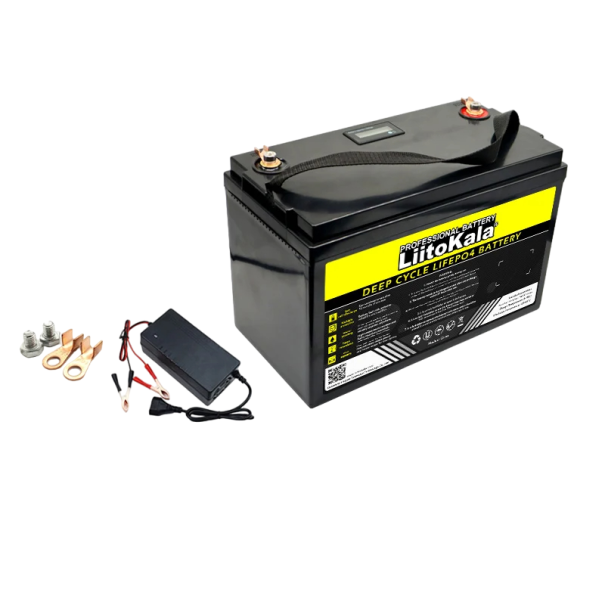 Lithium Iron Phosphate Battery with LCD Display and 14.6V 10A Charger LiFePO4 Battery 12.8V 180Ah 4000 Cycles 33 x 17.5 x 21.6 cm 1