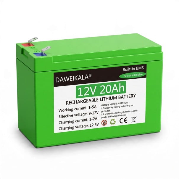 Litiumbatteri 12 V 20 Ah DAWEIKALA Med inbyggd BMS Inkluderar laddare och krokodilklämmor ABS-hölje 150 x 65 x 96 mm Grön För 12V-enheter 1