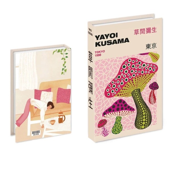 Livre décoratif faux Yayoi Kusama – espace de rangement, ouvrable, noir et blanc avec motif de champignons 1