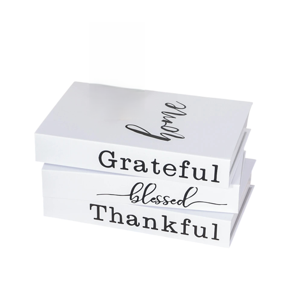 Livros decorativos falsos 3 pcs Não abertos brancos livros motivacionais Home Grateful Blessed Thankful decoração 1