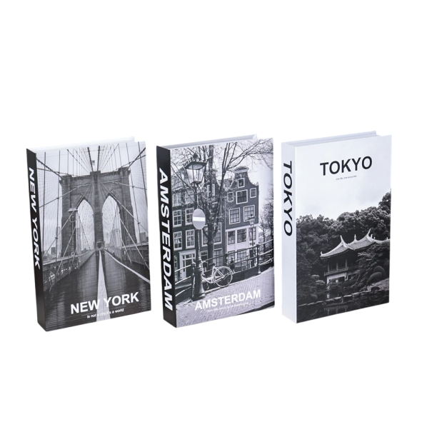 Livros decorativos falsos 3 pcs Não abertos livros preto e branco Nova Iorque Amesterdão Tóquio decoração moderna 1