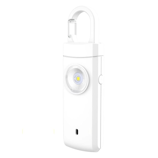 Llave con linterna y alarma sonora de 130 dB y luz LED recargable por USB-C dimensiones 99 x 29 x 16 mm material ABS para seguridad personal blanco