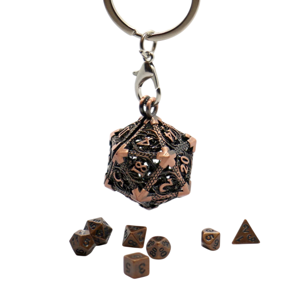 Llave de metal hueca en forma de dado poliedro con mini dados 7 pcs complemento de fantasía para juegos de mesa RPG DnD llavero bronce