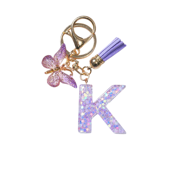 Llavero 4 cm Llavero de resina Iníciales moradas y mariposa Adorno decorativo para bolso mochila Regalo para mujeres K