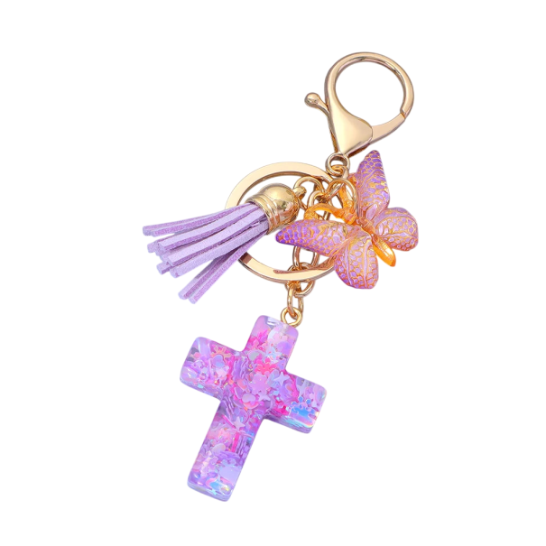 Llavero de Resina Aleación de Zinc Cruz y Mariposa Llavero Metálico Adorno Decorativo para Bolso Mochila Regalo para Mujeres morado claro