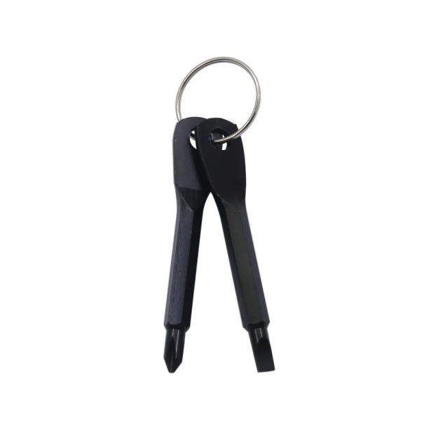 Llavero metálico con juego de 2 mini destornilladores, plano y de cruz, con presilla para colgar para pequeñas reparaciones y uso diario. negro