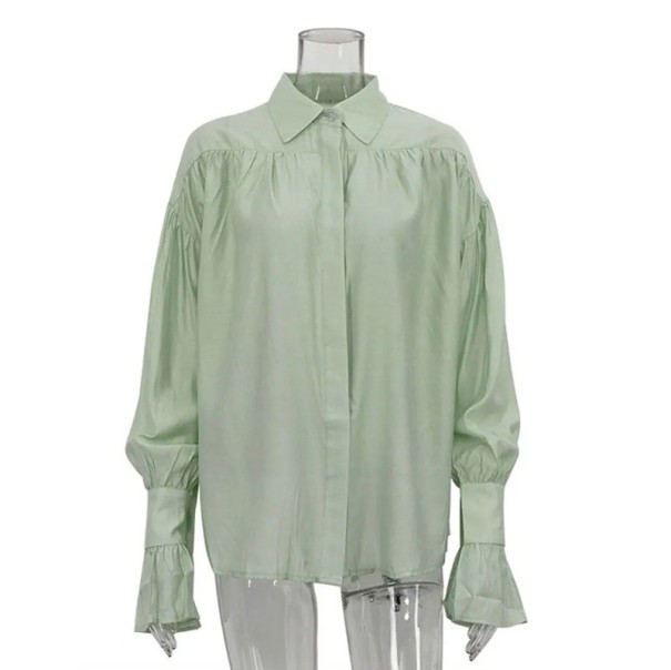 Lockere Damen Bluse mit Kragen Langarm Rüschenärmel Leichtes luftiges Material Eleganter Style für Sommer und Freizeit grün S