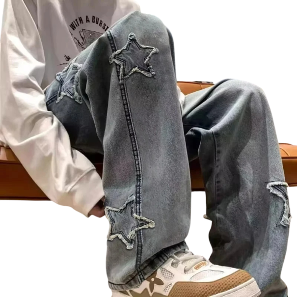 Lockere Jeanshose für Herren mit Sternstickerei, Freizeithose, Straight Fit, weite Beine, stylische Jeans, Streetwear, bequeme Jeans blau L