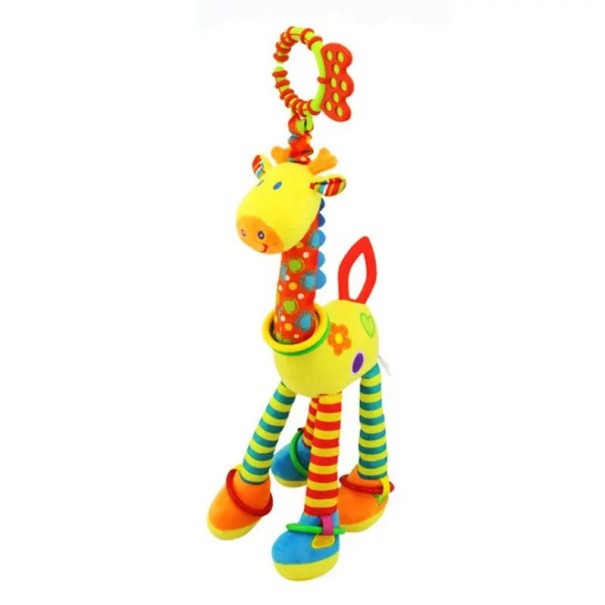 Lógó plüssjáték babáknak 47 cm Zsiráf és Zebra nyikorogóval, csengővel és rágókával babakocsiba vagy kiságyba sárga