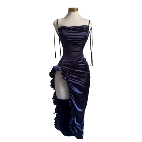 Long Satin Dress with Deep Slit Gathered Hem Straight Neckline Off-the-Shoulder Satin Cut Open Back Elegant Evening Dress blue M