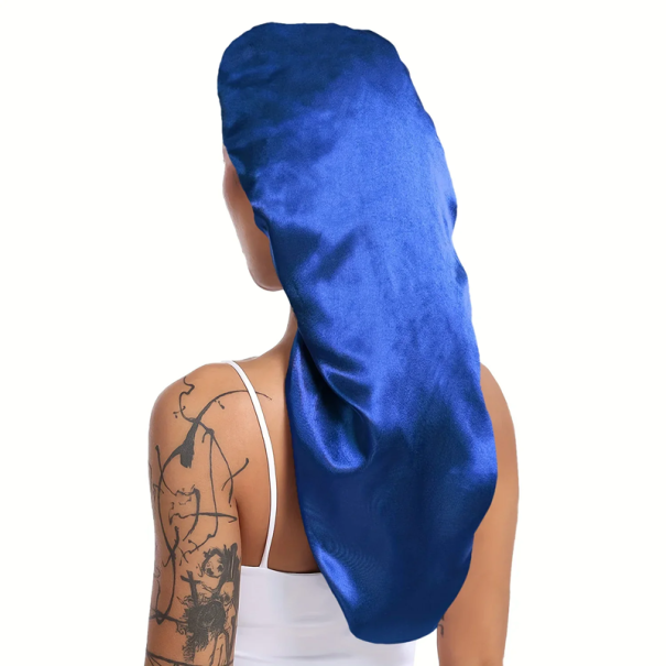 Long Satin Sleep Cap 30 x 66 cm Silk Night Cap for Women with Curly Hair, Dreads and Braids Universal Size 50–66 cm blue
