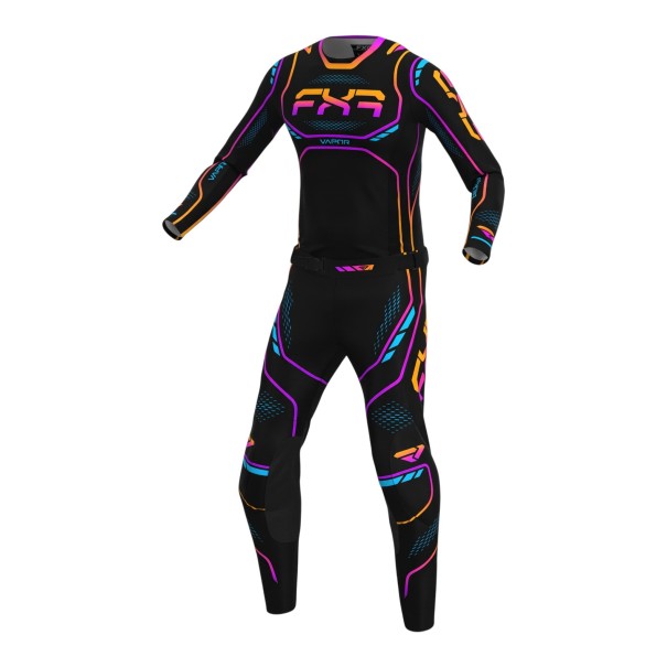 Long Sleeve Motocross Jersey and Trousers Set with Neon Lines in a Gradient of Pink and Orange and Turquoise Details Black XS