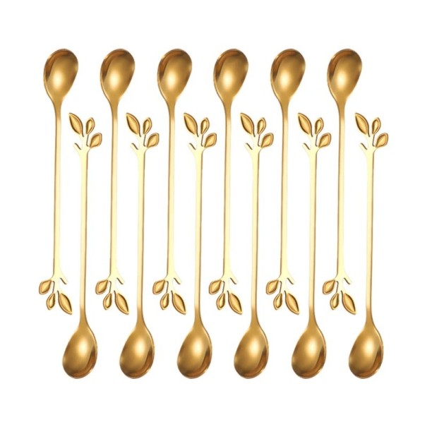 Long Stainless Steel Tea Spoon Decorative Leaf Handle Dessert Spoons for Coffee Tea Ice Cream Fruit Elegant Cutlery 12pcs gold