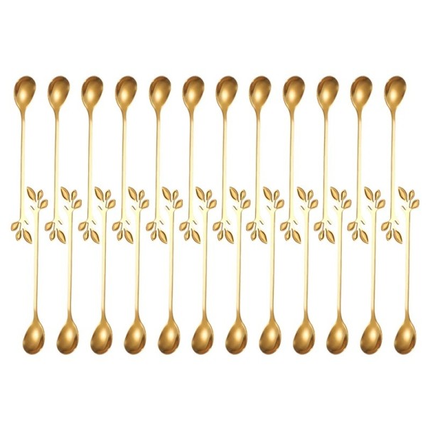 Long Stainless Steel Tea Spoon Decorative Leaf Handle Dessert Spoons for Coffee Tea Ice Cream Fruit Elegant Cutlery 24pcs gold