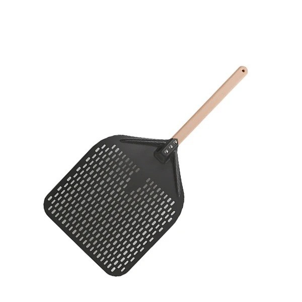 Lopata para pizza 30 x 70 cm Lopatinha metálica perfurada com cabo longo para pizza no forno ou grelhador Utensílio de cozinha profissional preto