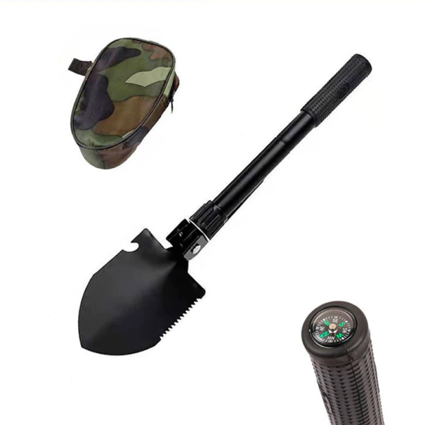Lopată pliabilă de camping 41,5 cm cu husă Lopată militară compactă pentru exterior pentru drumeții 12 x 12,5 cm Instrument multifuncțional pliabil negru