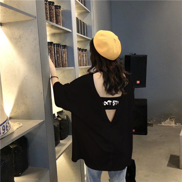 Lös T-shirt för kvinnor med urringning på ryggen svart XL