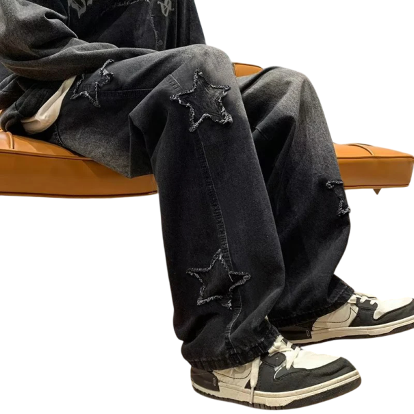 Løse herrejeans med stjernebroderi, afslappede bukser, lige pasform, vide ben, stilfulde jeans, streetwear, komfortable jeans sort XS