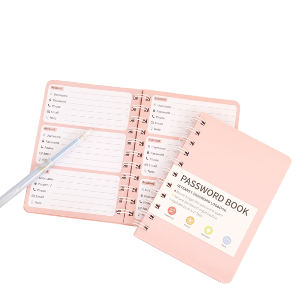 Lösenordsblock 10,7 x 15 cm Färgad anteckningsbok för inloggningsuppgifter PVC-omslag 65 ark Alfabetiska etiketter Spiralbindning rosa