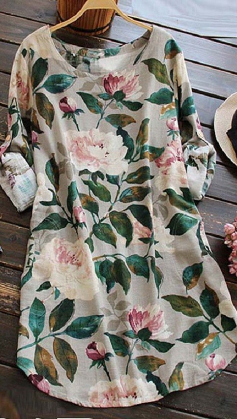 Losse jurk met bloemenprint beige XXL