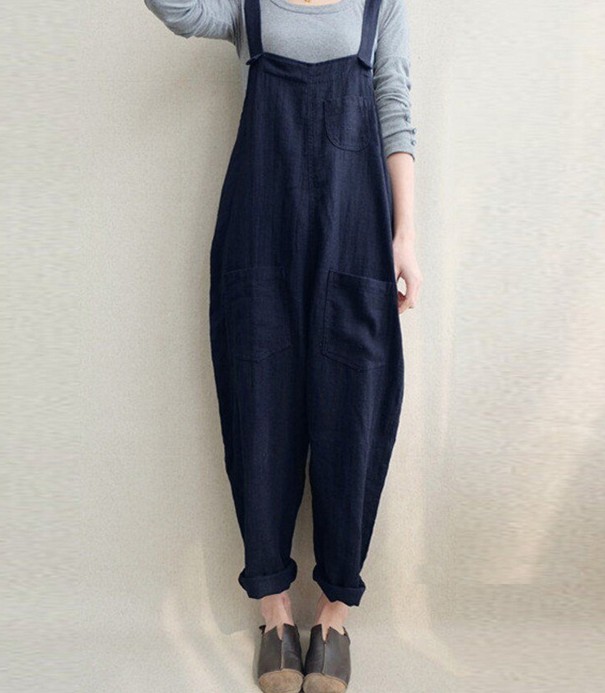 Løstsiddende damejumpsuit med lommer mørkeblå XXL