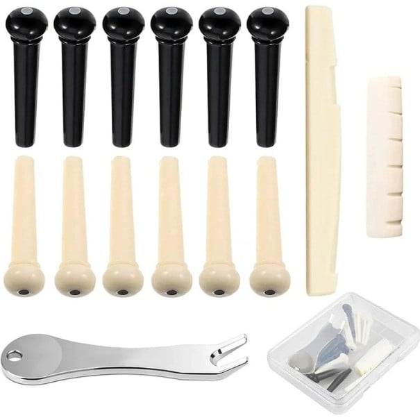 Lot de 12 chevilles de chevalet pour guitare acoustique avec extracteur de chevilles et sillet de chevalet Accessoires de guitare Remplacement 1