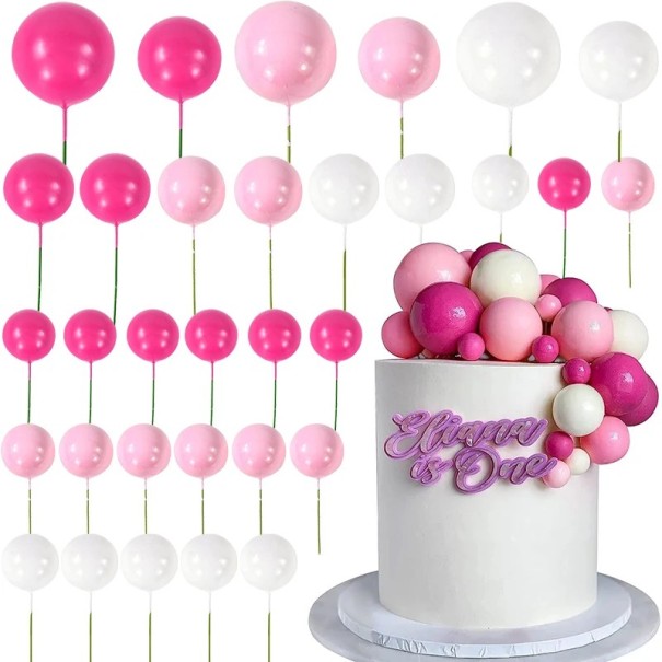 Lot de 32 boules à gâteau colorées Décorations de gâteaux en plastique Accessoire créatif pour la décoration de gâteaux d’anniversaire festifs rose