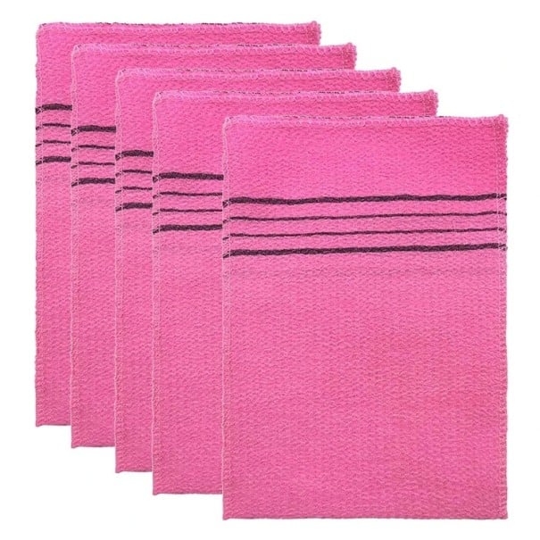 Lot de 5 débarbouillettes exfoliantes 14 x 18,5 cm Gants de douche coréens et italiens Gommage doux pour le corps Coton polyester Nettoyage rose