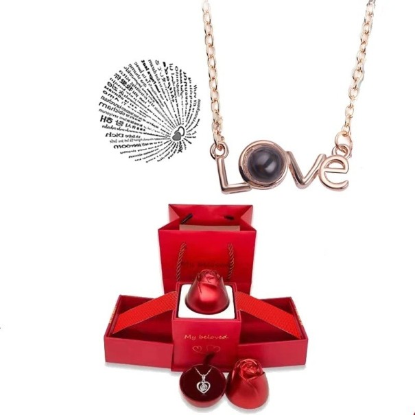 Love Projection Necklace Set Titanium Chain Projection I Love You in 100 Languages Gift Box in the Shape of a Rose Rose gold