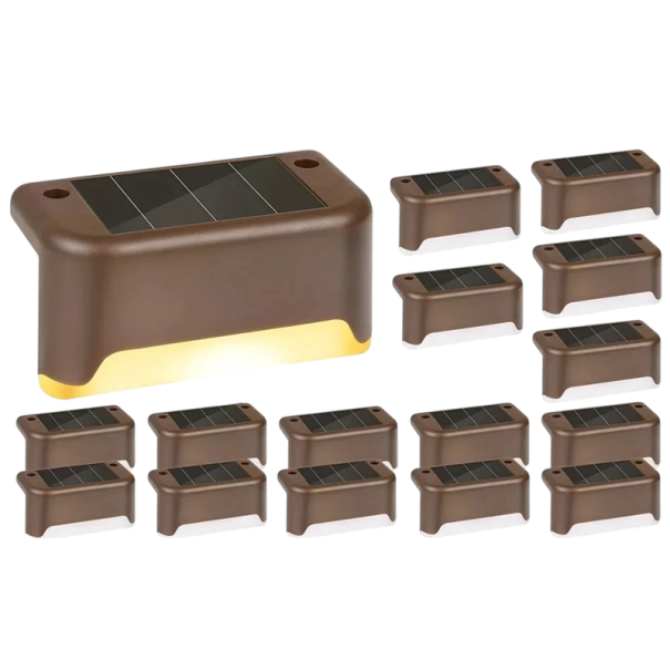 Luces LED solares para escaleras, 7,8 x 4,7 x 2,8 cm, 16 unidades, impermeables, para barandilla, iluminación nocturna exterior, decoración para jardín, terraza y patio. marrón