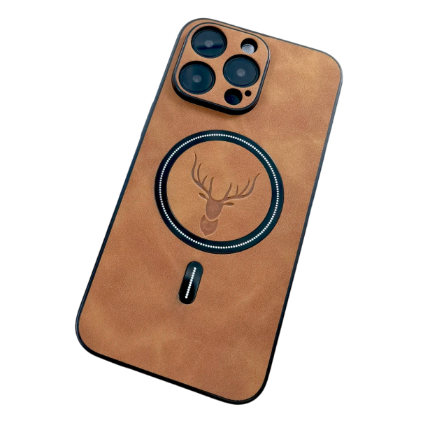 Luksuriøst lædercover til iPhone 12 Pro med hjortemotiv, understøtter trådløs opladning, stilfuld beskyttelse med et elegant design lysebrun