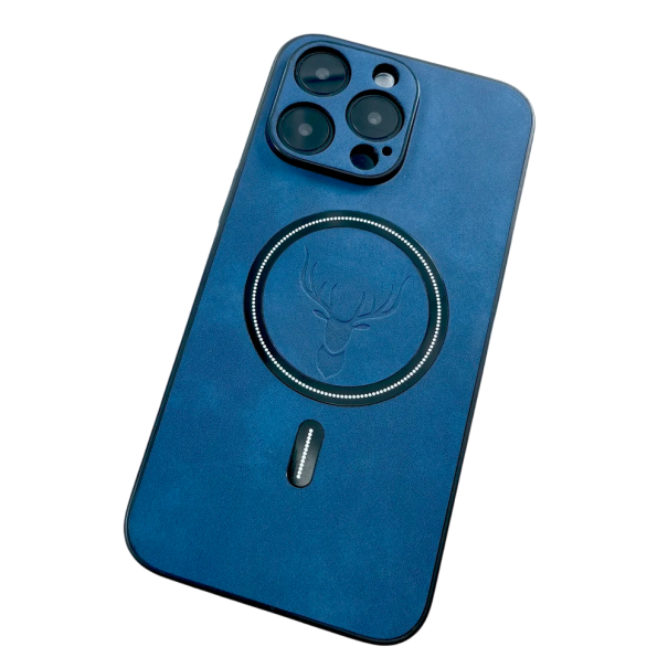 Luksuriøst lædercover til iPhone 15 med hjortemotiv, understøtter trådløs opladning, stilfuld beskyttelse med et elegant design blå
