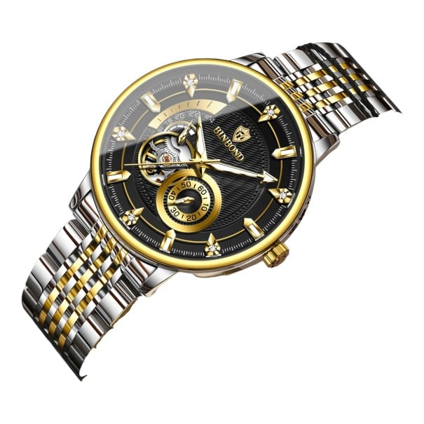 Luksusiske herre mekaniske ure med udsigt til urværket Luminiserende visere Urkasse 42 mm Rustfrit stål Sølv-guld armbånd Vandafvisende sort