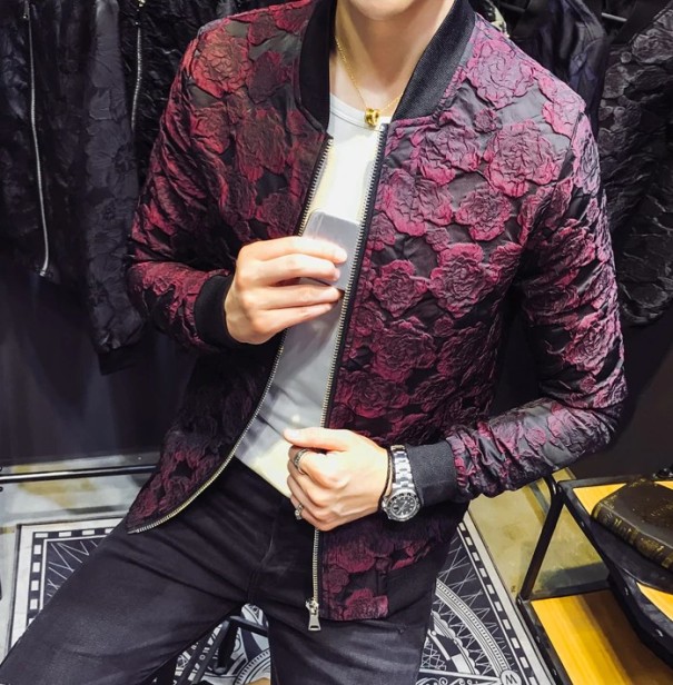 Luksusowa kurtka męska w kwiaty J1374 wino XL