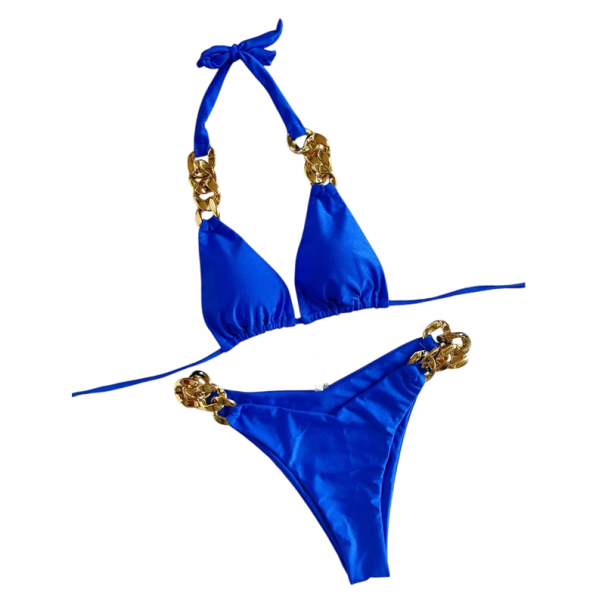 Luksusowe damskie bikini z metalowymi łańcuszkami na ramiączkach i bokach. Trójkątny top i kąpielówki z eleganckim połyskiem na lato niebieski XL