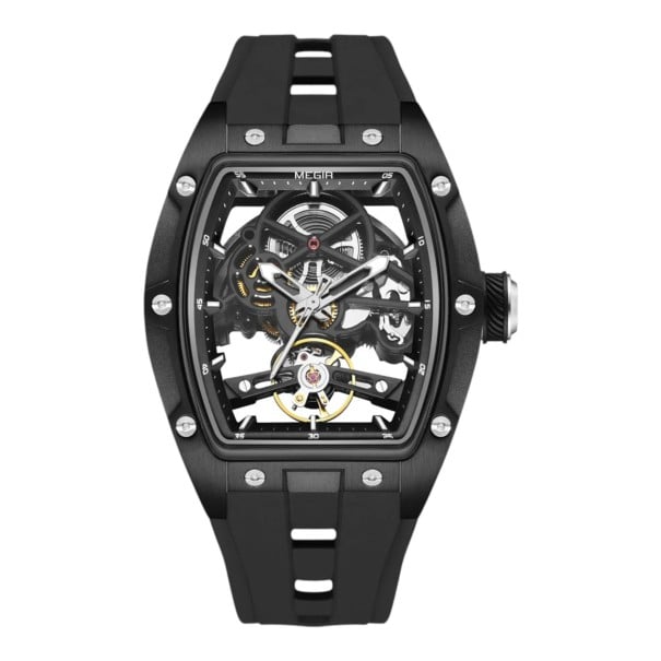 Luksusowe męskie mechaniczne zegarki Skeleton z widocznym mechanizmem Koperta tonneau 42 x 53 mm Wodoodporność 3 ATM Silikonowy pasek czarny