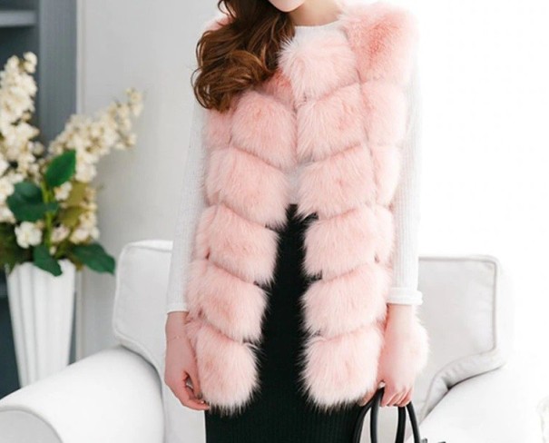 Luksusowy damski płaszcz futro - różowy M