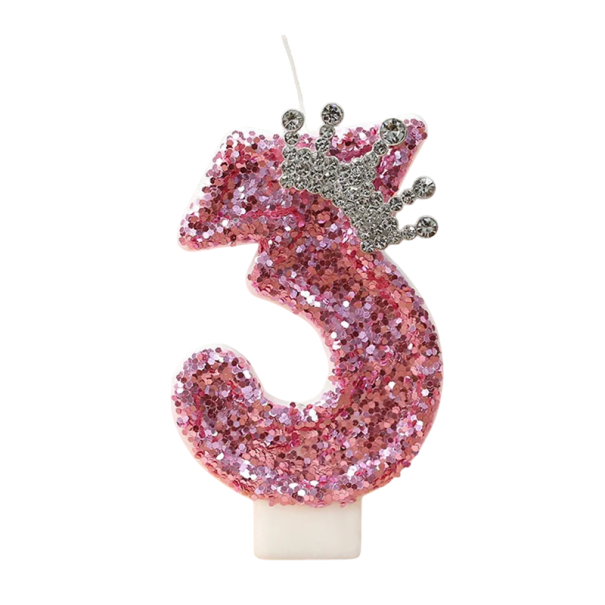 Lumânare roz pentru tort de ziua de naștere cu număr și coroană, 7,5 cm, lumânare decorativă prințesă pentru petrecere de fete, La mulți ani 3
