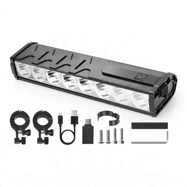Lumină frontală pentru bicicletă 8 LED 2000–3000 lumeni Acumulator 8000 mAh Aluminiu și plastic Negru Încărcare USB-C Cu suporturi pentru ghidonul 1