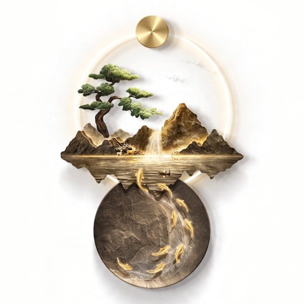 Lumină LED de perete cu imagine 120 x 80 cm Muntii cu copac și lac Crapi koi Acril și metal Maro Lumină albă caldă Decorațiune pentru interior 1