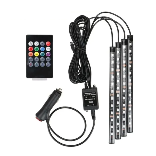 Lumini auto LED RGB universale 22,5 cm 48 diode Iluminare interioară 12 V Control muzical Telecomandă 16 culori pentru brichetă 1