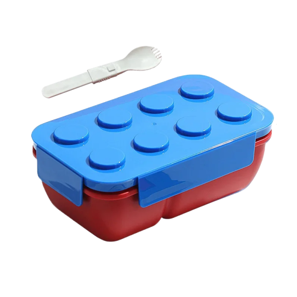 Lunch Box 1050 ml, klocki konstrukcyjne, Bento Box z widelcem, dwie komory, zamykany na klucz, do mikrofalówki, zmywarki, przenośny niebieski