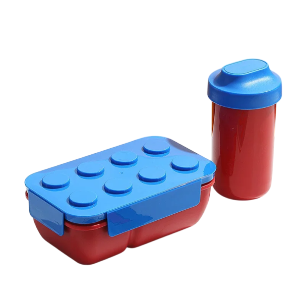 Lunch Box 1050ml, klocki konstrukcyjne, pudełko bento z kubkiem, trzy przegrody, zamykane, przenośne, do mikrofalówki, zmywarki, pudełko na żywność niebieski