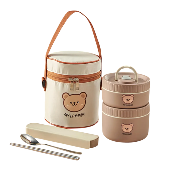 Lunch Box Set 400 ml and 600 ml Stainless Steel Insulated Container Leakproof Microwave Child's Box with Bear and Cutlery khaki