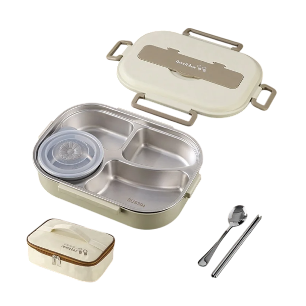 Lunchbox ze stali nierdzewnej z izolacją termiczną, 1500 ml, 4 komory, z torbą, miską na zupę, łyżką, pałeczkami, przenośnym termosem do szkoły i pracy beżowa