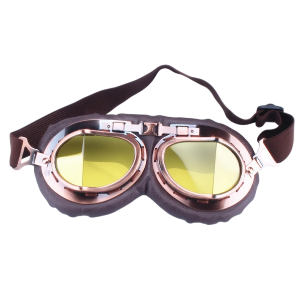 Lunettes de moto rétro marron 18 x 9 cm Verres PC jaunes Construction ABS Cuir synthétique Style vintage Lunettes de protection pour scooter 1